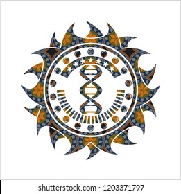dna icon inside arabic badge. Arabesque decoration.