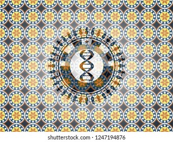 dna icon inside arabic badge. Arabesque decoration.