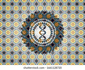 dna icon inside arabic badge background. Arabesque decoration.