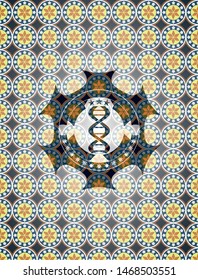 dna icon inside arabic emblem background. Arabesque decoration.