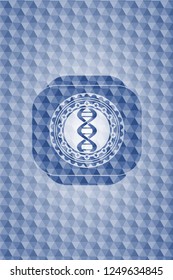 dna icon inside blue emblem or badge with abstract geometric polygonal pattern background.