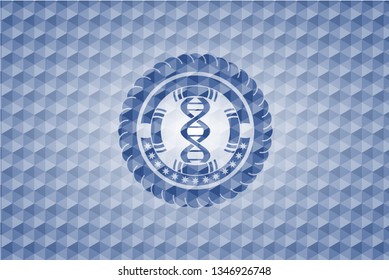 dna icon inside blue emblem or badge with geometric pattern background.