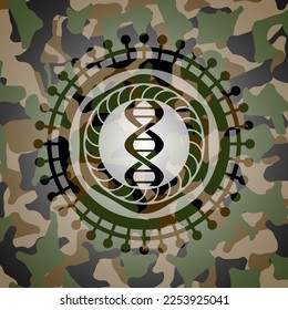 dna icon inside camouflaged emblem. 