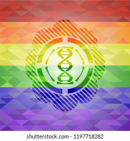 dna icon inside emblem on mosaic background with the colors of the LGBT flag