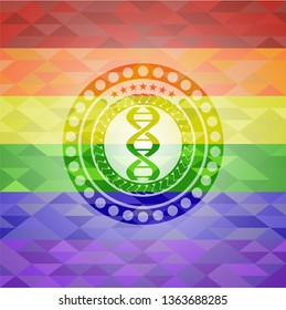 dna icon inside emblem on mosaic background with the colors of the LGBT flag