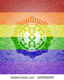 dna icon inside emblem on mosaic background with the colors of the LGBT flag