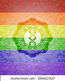 dna icon inside emblem on mosaic background with the colors of the LGBT flag. 