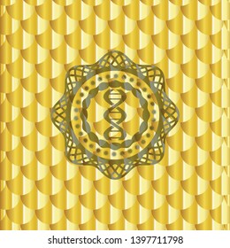 dna icon inside gold badge or emblem. Scales pattern. Vector Illustration. Detailed.