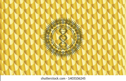 dna icon inside gold emblem or badge. Scales pattern. Vector Illustration. Detailed.