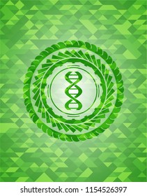 dna icon inside green emblem with mosaic ecological style background