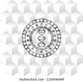 dna icon inside grey badge with geometric cube white background