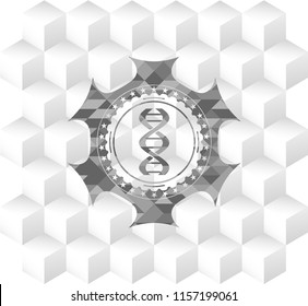 dna icon inside grey badge with geometric cube white background