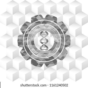 dna icon inside grey badge with geometric cube white background