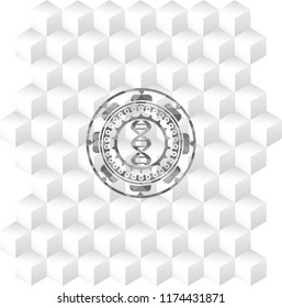 dna icon inside grey badge with geometric cube white background