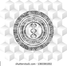 dna icon inside grey badge with geometric cube white background