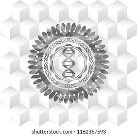 dna icon inside grey icon or emblem with geometric cube white background