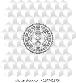 dna icon inside grey emblem with cube white background