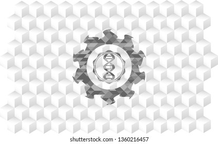 dna icon inside grey emblem with cube white background