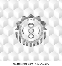 dna icon inside grey emblem with geometric cube white background