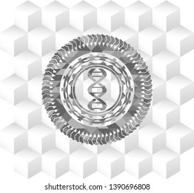 dna icon inside grey emblem with cube white background