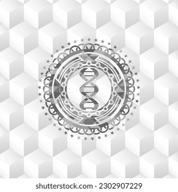 icono de adn dentro del emblema gris. Vintage con fondo blanco cubo geométrico. 