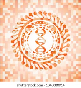 dna icon inside orange tile background illustration. Square geometric mosaic seamless pattern with emblem inside.