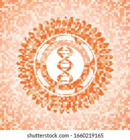 dna icon inside orange tile background illustration. Square geometric mosaic seamless pattern with emblem inside.