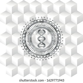 dna icon inside realistic grey emblem with geometric cube white background