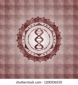 dna icon inside red emblem or badge with abstract geometric polygonal pattern background. Seamless.