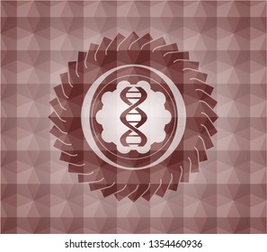 dna icon inside red emblem with geometric pattern background. Seamless.