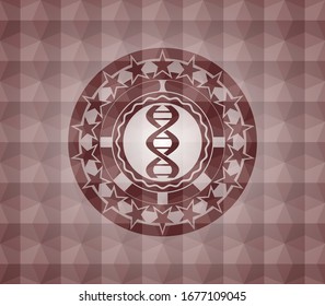 dna icon inside red emblem with geometric pattern background. Seamless.