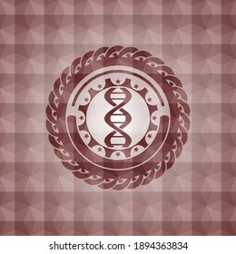 dna icon inside red emblem with geometric pattern background. Seamless. 