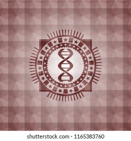 dna icon inside red seamless emblem or badge with geometric pattern background.