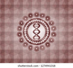 dna icon inside red seamless emblem or badge with abstract geometric polygonal pattern background.