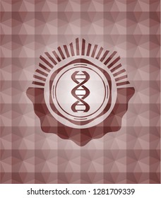 dna icon inside red seamless emblem with geometric pattern.