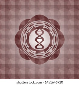 dna icon inside red seamless emblem with geometric pattern background.
