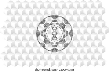 dna icon inside retro style grey emblem with geometric cube white background