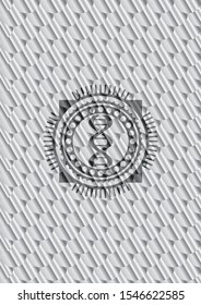 dna icon inside shiny silver badge. Scales pattern. Vector Illustration. Detailed.