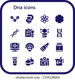 dna icon set. 16 filled dna icons. Included Molecule, Pharmacy, Atom, Clinic, Genetic, Science, Chemical reaction, Dna, Medical, Scientist, Nasal spray, Protein, Blood test icons
