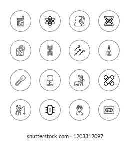 Dna icon set. collection of 16 outline dna icons with beaker, biologist, biology, blood sample, dna, ear dropper, health, medical, pharmacy, science, scientist, protein icons.