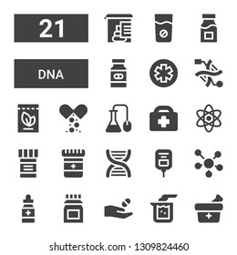 dna icon set. Collection of 21 filled dna icons included Medicine, Beaker, Molecule, Saline, Dna, Science, Healthcare, Pharmacy, Stool test
