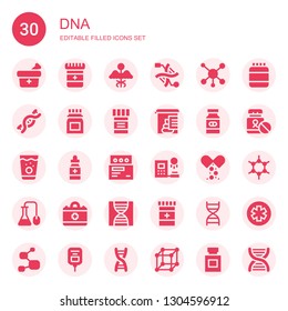 dna icon set. Collection of 30 filled dna icons included Medicine, Dna, Molecule, Stool test, Clone, Science, Medical, Protein, Molecules, Pharmacy, Saline