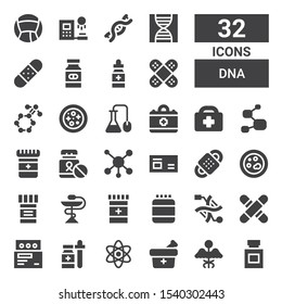 dna icon set. Collection of 32 filled dna icons included Medicine, Science, Medical, Dna, Protein, Petri dish, Bandage, Molecule, Healthcare, Clone