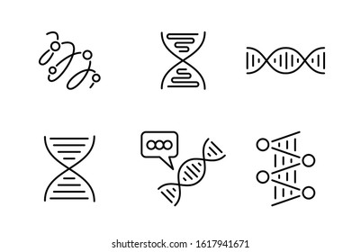 DNA icon set. Deoxyribonucleic acid molecule. Genetic test structure of genes. Laboratory scientific research. Contour line vector.