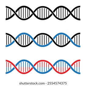 DNA icon set in different style.   Deoxyribonucleic Acid Vector icon. Spiral molecule medical bio tech vector illustration isolated on white background. DNA structure molecule icon collection.