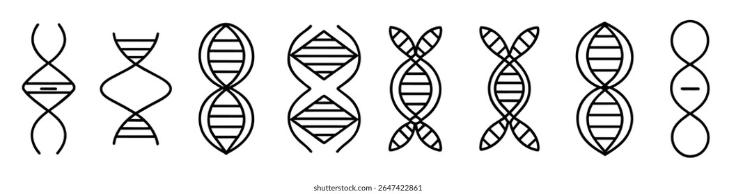 DNA icon set, estrutura genética longa da molécula, ícone do dna linha definir traço editável