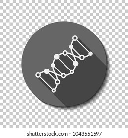 DNA icon. White flat icon with long shadow in circle on transparent background