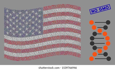 DNA icons are arranged into American flag collage with blue rectangle distressed stamp watermark of No GMO caption. Vector collage of USA waving flag is created of DNA items.