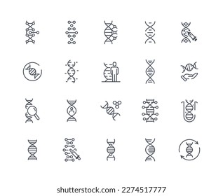 Dna icons outline set. Laboratory studies of cell structure. Medical experiments and research. Chemistry and microbiology, genetics. Cartoon flat vector illustrations isolated on white background