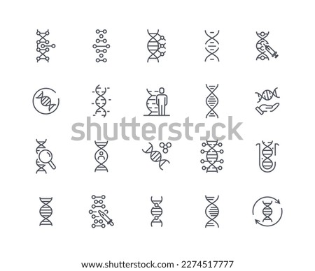 Dna icons outline set. Laboratory studies of cell structure. Medical experiments and research. Chemistry and microbiology, genetics. Cartoon flat vector illustrations isolated on white background